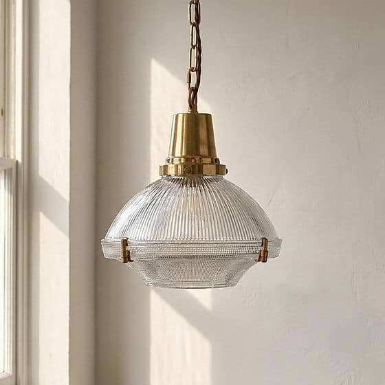 Soho Lighting Hollen Polished Brass Brimmed Dome Holophane Breakfast Bar Pendant Light