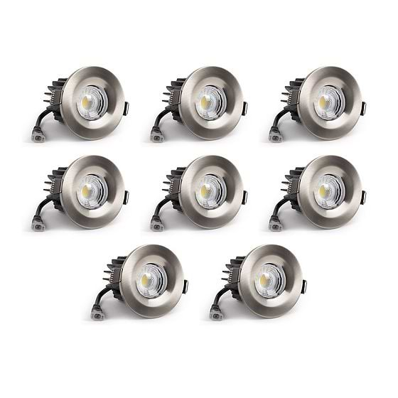 8 Pack - Brushed Chrome CCT Fire Rated LED Dimmable 10W IP65 Downlight