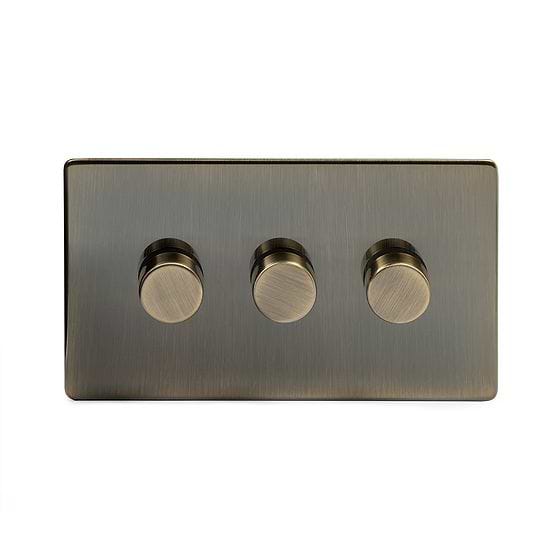 Soho Lighting Antique Brass 3 Gang Trailing Edge Dimmer Switch Screwless 150W LED (300w Halogen/Incandescent)