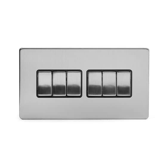 Soho Lighting Brushed Chrome 6 Gang 2 Way 10A Light Switch Blk Ins Screwless