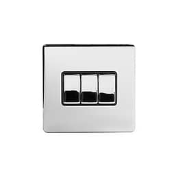 Polished Chrome 3 Gang Light Switch | 3 Gang 2 Way Switch Black Insert