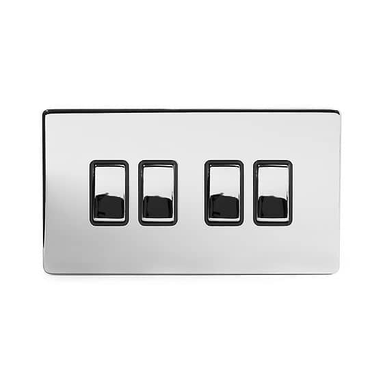 Soho Lighting Polished Chrome 4 Gang 2 Way 10A Light Switch Blk Ins Screwless