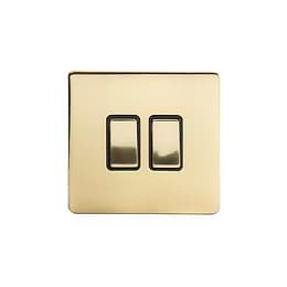 24k Brushed Brass 10A 2 Gang 2 Way Switch with Black Insert