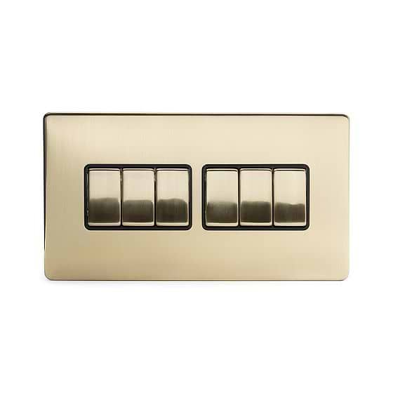 Soho Lighting Brushed Brass 6 Gang 2 Way 10A Light Switch Blk Ins Screwless