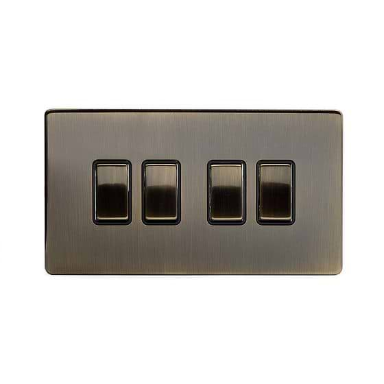 Soho Lighting Antique Brass 4 Gang 2 Way 10A Light Switch Blk Ins Screwless