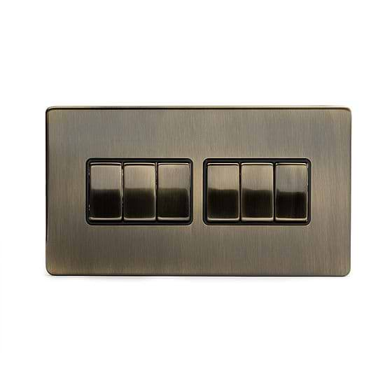 Soho Lighting Antique Brass 6 Gang 2 Way 10A Light Switch Blk Ins Screwless