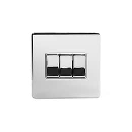 Polished Chrome metal plate, White Insert, 3 Gang Intermediate switch