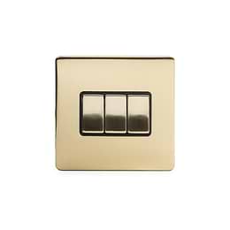Brushed Brass metal plate, Black Insert, 3 Gang Intermediate switch				
