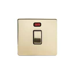 Soho Lighting Brushed Brass 20A 1 Gang Double Pole Switch With Neon Blk Ins Screwless