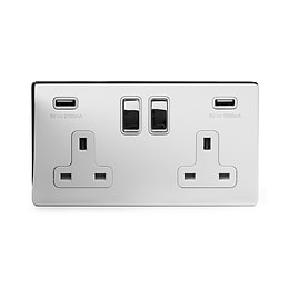 Polished chrome 2 gang usb socket white insert