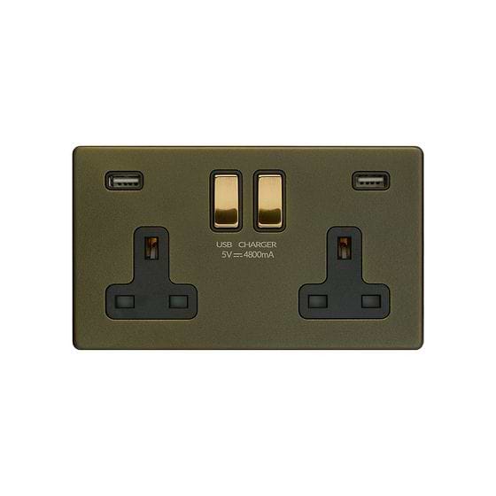 Soho Lighting Bronze & Brushed Brass 2 Gang 13A DP Socket with 2 x USB-A 4.8A