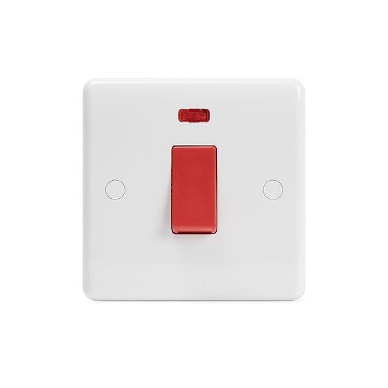 Lieber Silk White 45A 1 Gang Double Pole Switch With Neon, Single Plate - Curved Edge