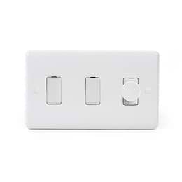 Lieber Silk White 3 Gang Light Switch with 1 dimmer (2x 2 Way Switch & Trailing Dimmer) - Curved Edge