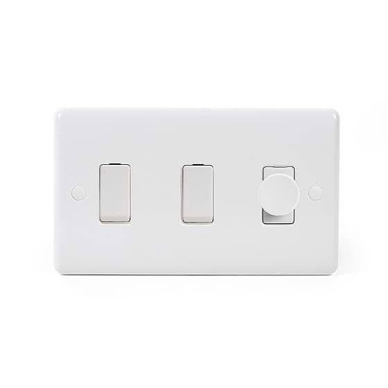 Lieber Silk White 3 Gang Light Switch with 1 dimmer (2x 2 Way Switch & Trailing Dimmer) - Curved Edge