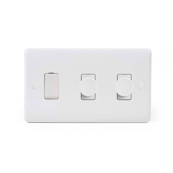 Lieber Silk White 3 Gang Light Switch (1x2 Way Switch & 2x Trailing Dimmer) - Curved Edge