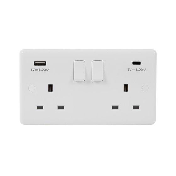 Lieber Silk White 2 Gang USB A+C Socket (13A Socket + 2 USB Ports A+C 3.1A) - Curved Edge