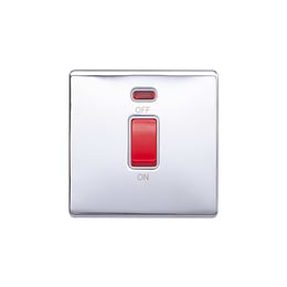 Lieber Polished Chrome 45A 1 Gang Double Pole Switch, Single Plate - White Insert Screwless