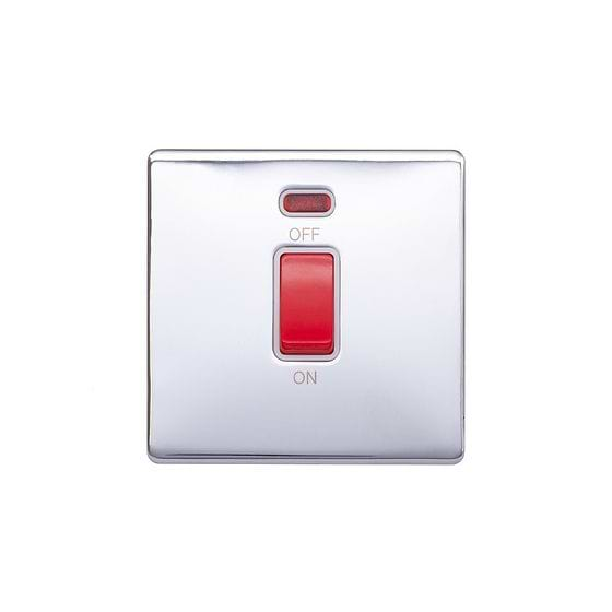 Lieber Polished Chrome 45A 1 Gang Double Pole Switch, Single Plate - White Insert Screwless