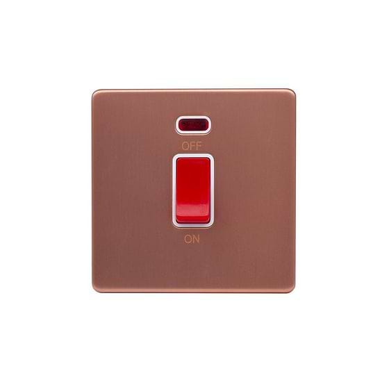 Lieber Brushed Copper 45A 1 Gang Double Pole Switch, Single Plate - White Insert Screwless