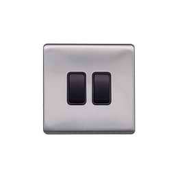 Lieber Brushed Chrome 10A 2 Gang 2 Way Switch - Black Insert Screwless