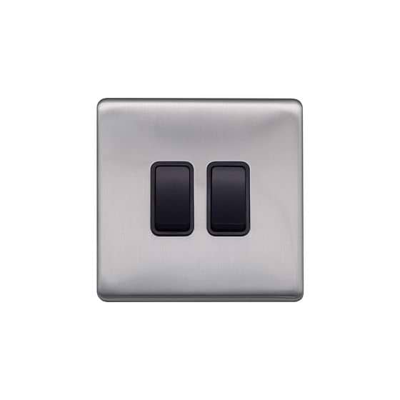 Lieber Brushed Chrome 10A 2 Gang 2 Way Switch - Black Insert Screwless