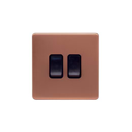 Lieber Brushed Copper 10A 2 Gang 2 Way Switch - Black Insert Screwless