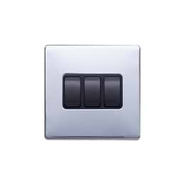 Lieber Polished Chrome 10A 3 Gang 2 Way Switch - Black Insert Screwless