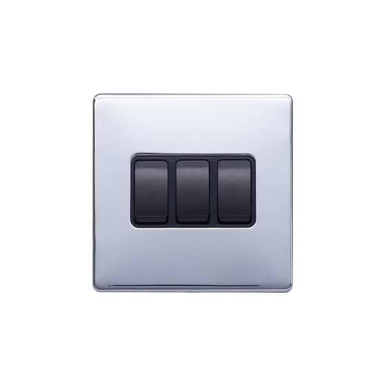 Lieber Polished Chrome 10A 3 Gang 2 Way Switch - Black Insert Screwless