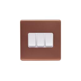 Lieber Brushed Copper 10A 3 Gang 2 Way Switch - White Insert Screwless