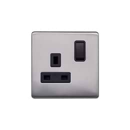 Lieber Brushed Chrome 13A 1 Gang Switched Socket, Double Pole - Black Insert Screwless