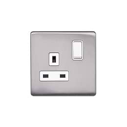 Lieber Brushed Chrome 13A 1 Gang Switched Socket, Double Pole - White Insert Screwless