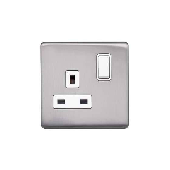 Lieber Brushed Chrome 13A 1 Gang Switched Socket, Double Pole - White Insert Screwless