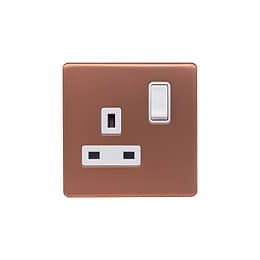 Lieber Brushed Copper 13A 1 Gang Switched Socket, Double Pole - White Insert Screwless