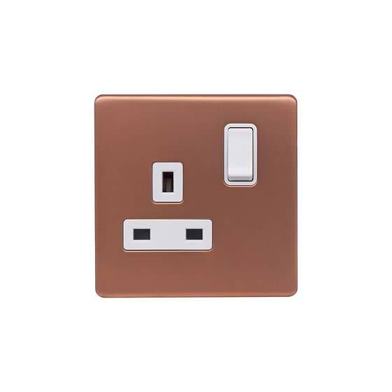 Lieber Brushed Copper 13A 1 Gang Switched Socket, Double Pole - White Insert Screwless