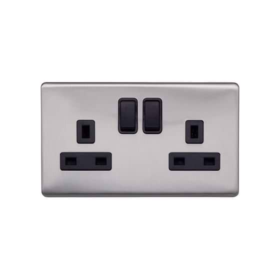 Lieber Brushed Chrome 13A 2 Gang Switched Socket, Double Pole - Black Insert Screwless