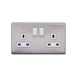 Lieber Brushed Chrome 13A 2 Gang Switched Socket, Double Pole - White Insert Screwless