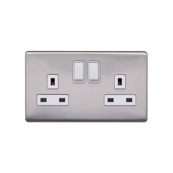 Lieber Brushed Chrome 13A 2 Gang Switched Socket, Double Pole - White Insert Screwless