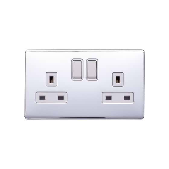 Lieber Polished Chrome 13A 2 Gang Switched Socket, Double Pole - White Insert Screwless