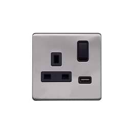 Lieber Brushed Chrome 1 Gang 13A DP Socket with USB-A 2.1A