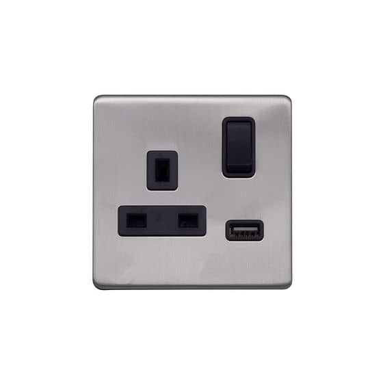 Lieber Brushed Chrome 1 Gang 13A DP Socket with USB-A 2.1A