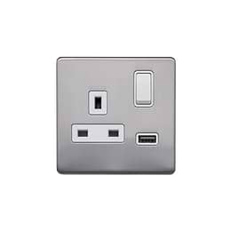 Lieber Brushed Chrome 1 Gang 13A DP Socket with USB-A 2.1A