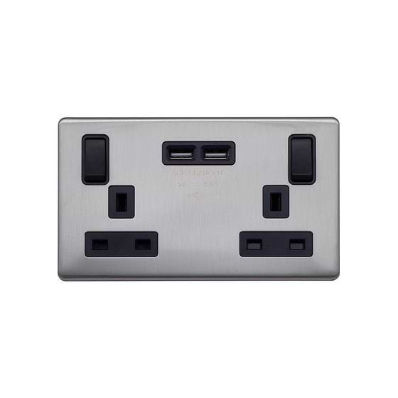 Lieber Brushed Chrome  2 Gang 13A DP Socket with 2 x USB-A 4.8A