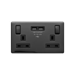 Lieber Black Nickel 13A 2 Gang Switched DP Socket 2xUSB Outlet (4.8A) - Black Insert Screwless