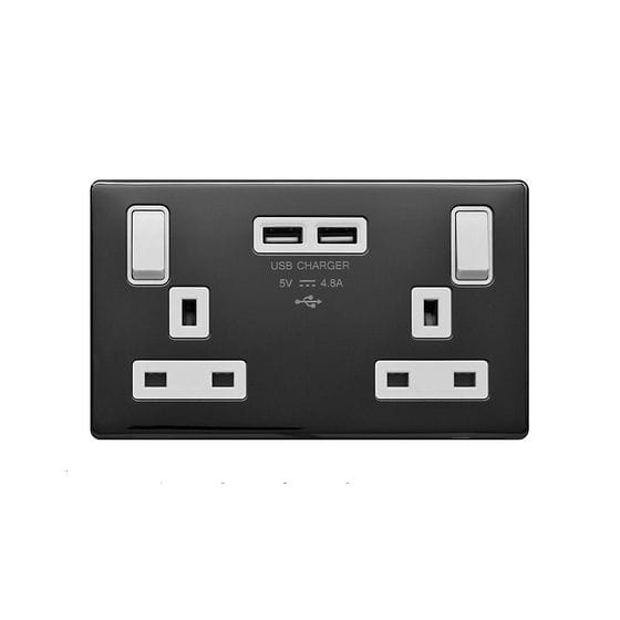 Lieber Black Nickel 13A 2 Gang Switched DP Socket 2xUSB Outlet (4.8A) - White Insert Screwless