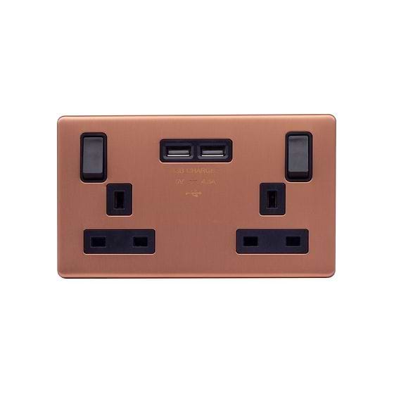 Lieber Brushed Copper 2 Gang 13A DP Socket with 2 x USB-A 4.8A