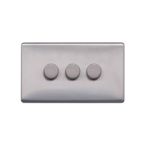 Lieber Brushed Chrome 3 Gang 2 Way Intelligent Trailing Dimmer Screwless 100W LED (250w Halogen/Incandescent)