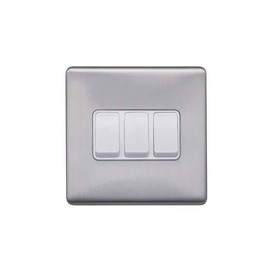 Lieber Brushed Chrome 10A 3 Gang 2 Way Switch - White Insert Screwless