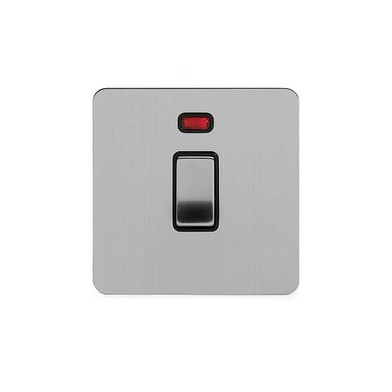 Soho Lighting Brushed Chrome Flat Plate 20A 1 Gang Double Pole Switch With Neon Blk Ins Screwless