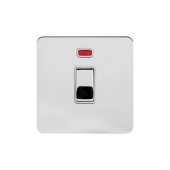 Soho Lighting Polished Chrome Flat Plate 20A 1 Gang Double Pole Switch With Neon Wht Ins Screwless