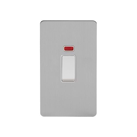 Soho Lighting Brushed Chrome Flat Plate 45A 1 Gang Double Pole Switch With Neon Large Plate Wht Ins Screwless